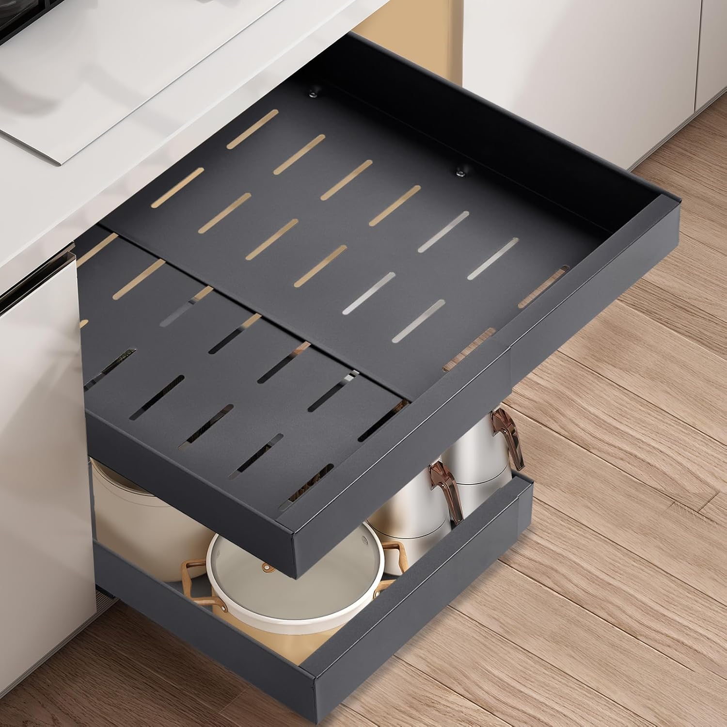 2 tiroirs coulissants adhésifs réglables pour rangement cuisine et placard