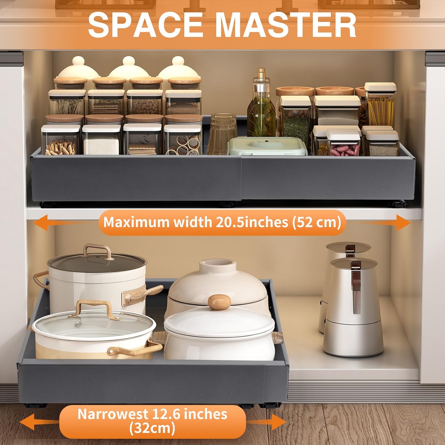 2 tiroirs coulissants adhésifs réglables pour rangement cuisine et placard