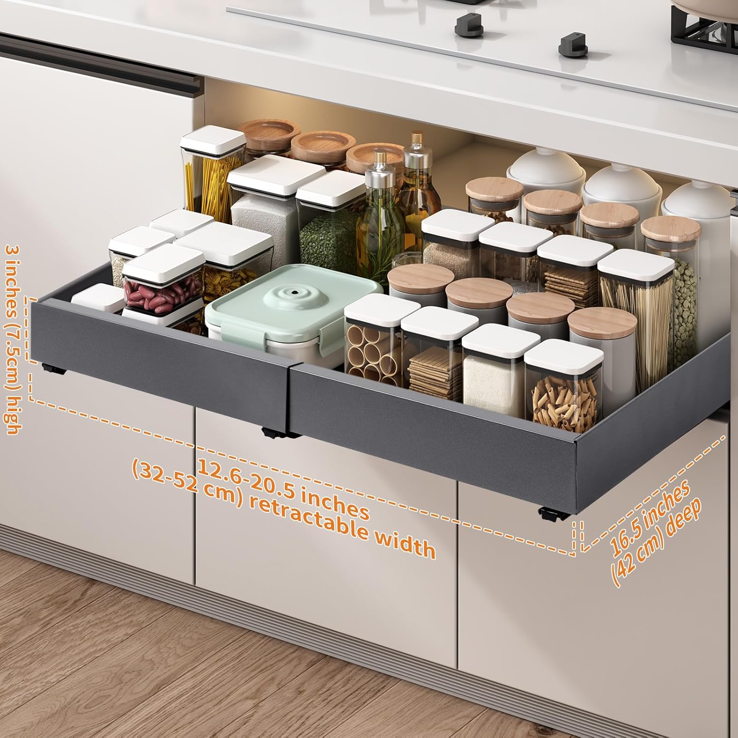 2 tiroirs coulissants adhésifs réglables pour rangement cuisine et placard